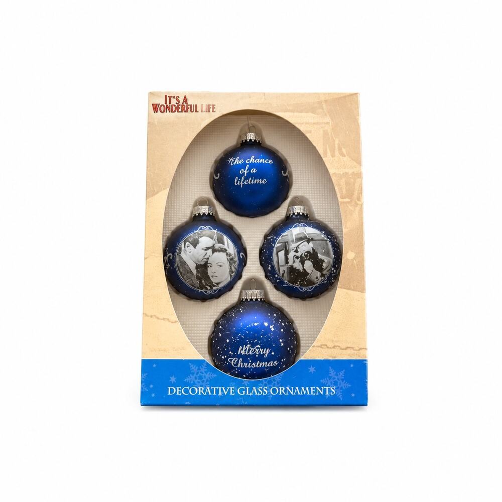 VTG Enesco It's A Wonderful Life Decorative Glass Ornament Set 4 NIB Christmas
